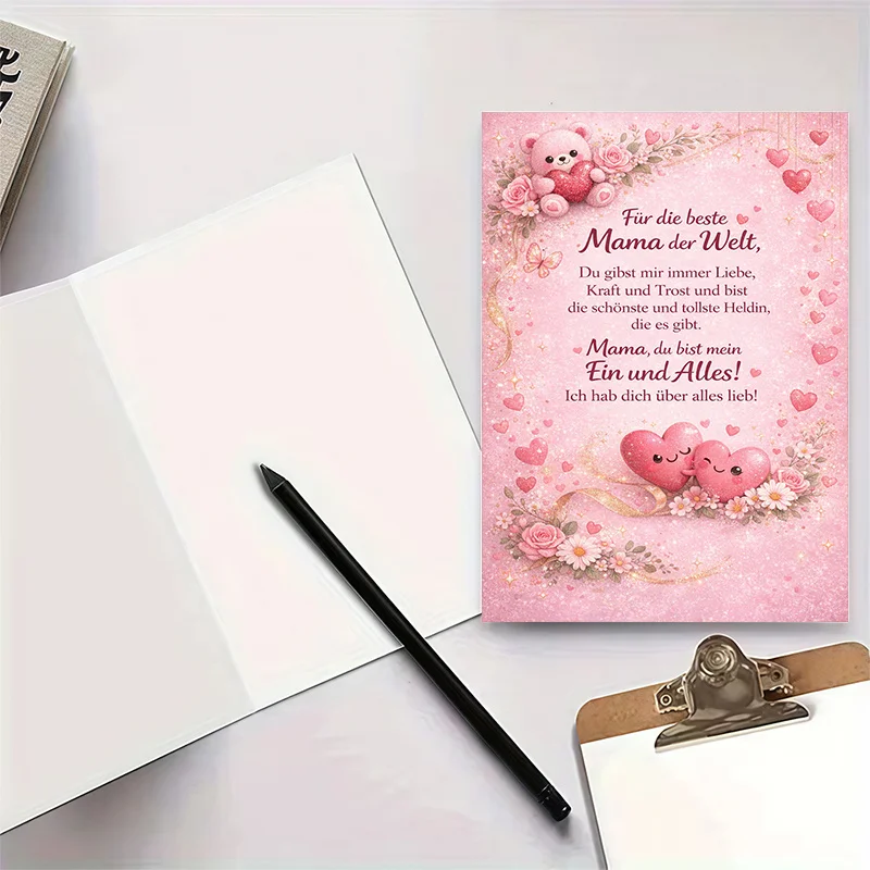 1 pink love and flower, cute bear pattern, children give to mother, thank you and love expression, mother greeting card