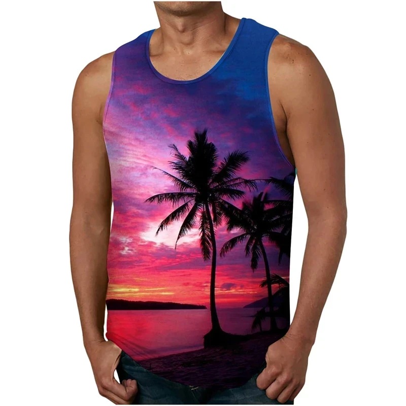 3D Print Palm Tree Graphic Tank Top For Men Clothing 2024 New Fashion Sleeveless Beach Tops Homme Hawaii Vacation Tee Shirt Male