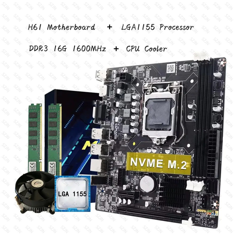 

H61 Motherboard Set Lga 1155 Processor with CPU Cooler DDR3 16G Memory Support M2 NVME Office Kit Low-power Consumption