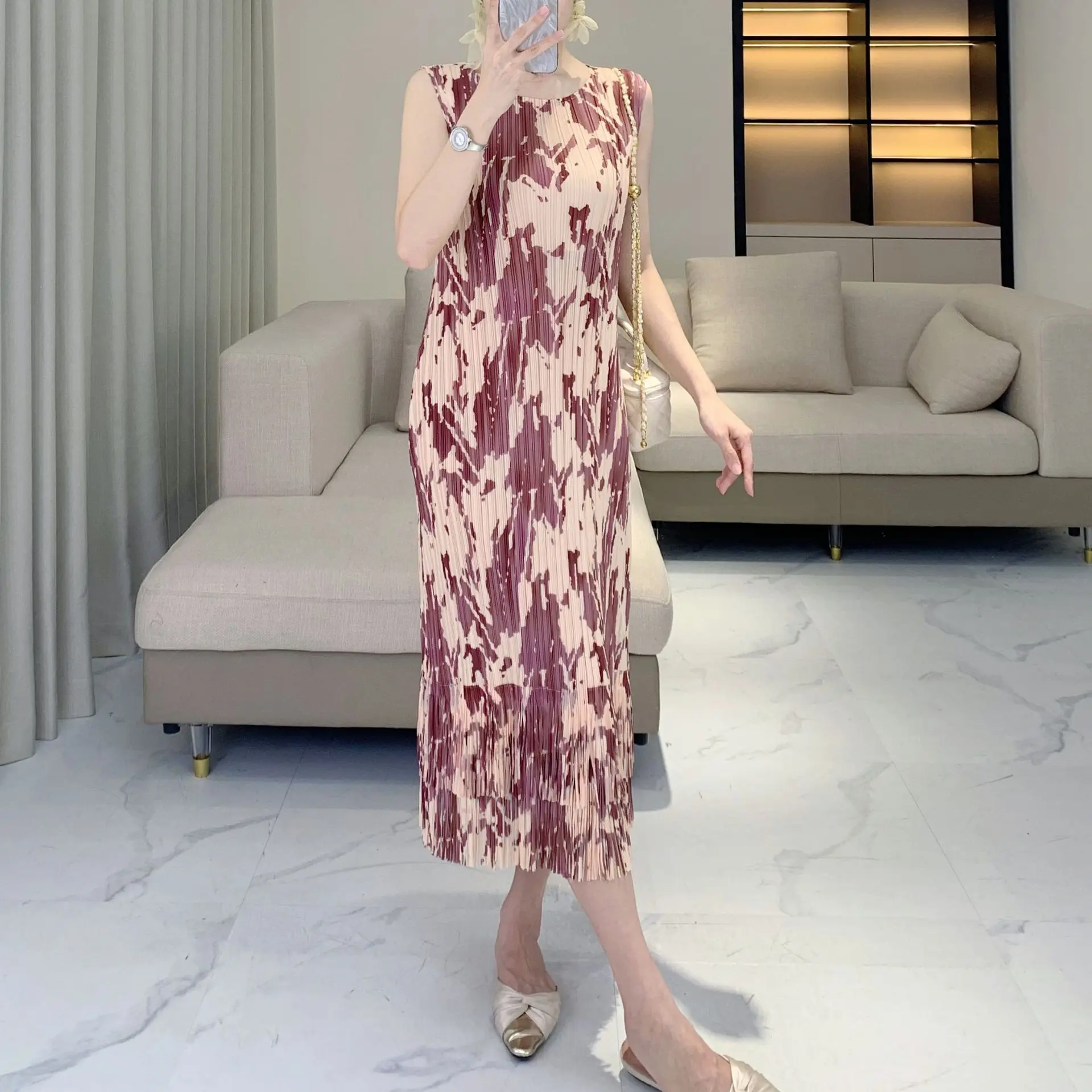 

Miyake Style Summer Fashion Tassel Dress Loose Fashion Pleated Skirt Elegant Retro Print Sleeveless Vest Skirt