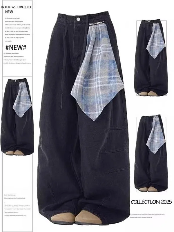 

Large Size Bla Scarf Detachable Knife Denim Pants Women's American Retro Design Sense Scythe Pants Loose Wide Leg Pants