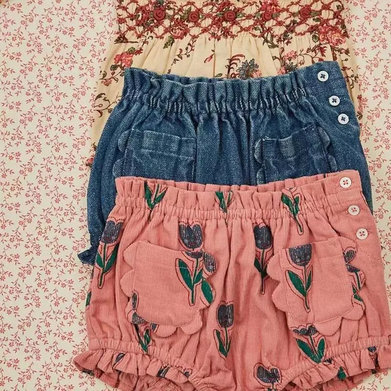 Pre-sale(Ship in October) 2024 EM Autumn Kids Clothes Girls Cherry Floral Print Rompers Baby Girls Embroidered Floral Shorts