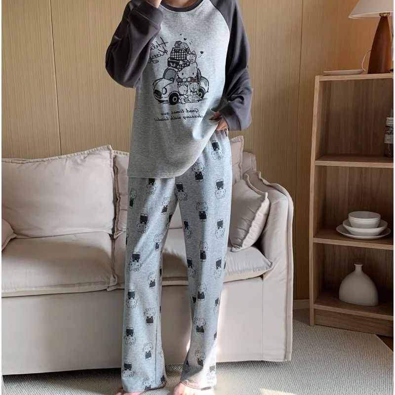 Cartoon Cute Sanrio Hello Kitty Round Neck Can Go Out Pajamas Ladies Casual Loose Suit Spring Autumn Long-sleeved Pants Homewear