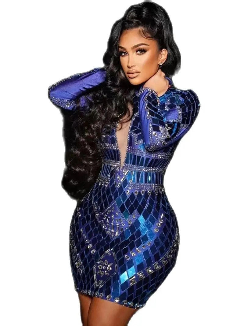Blinkendes silbernes Pailletten-Kurz-Mesh-Kleid, Geburtstag, Feiern, Spandex-Spiegel-Outfit, Abschlussball, Party, Bar, Damen, Tänzerin