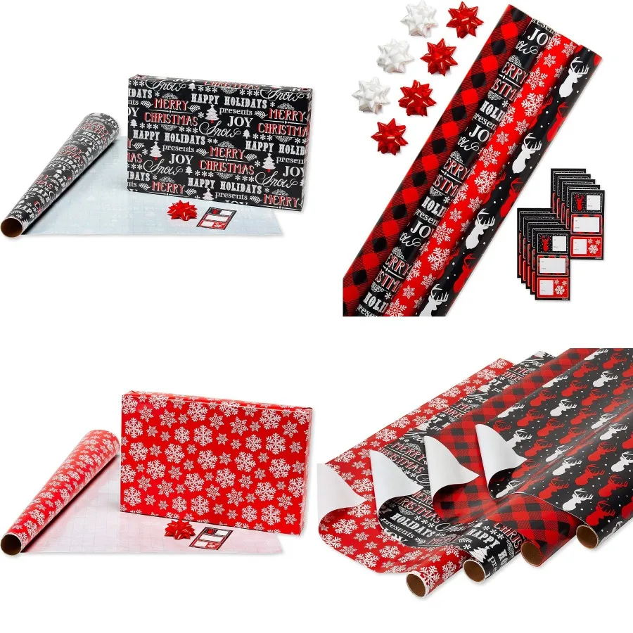 مجموعة ورق تغليف عيد الميلاد الريفي منقوش باللونين الأحمر والأسود مع رقاقات الثلج وتصميم الرنة لتغليف هدايا العطلات