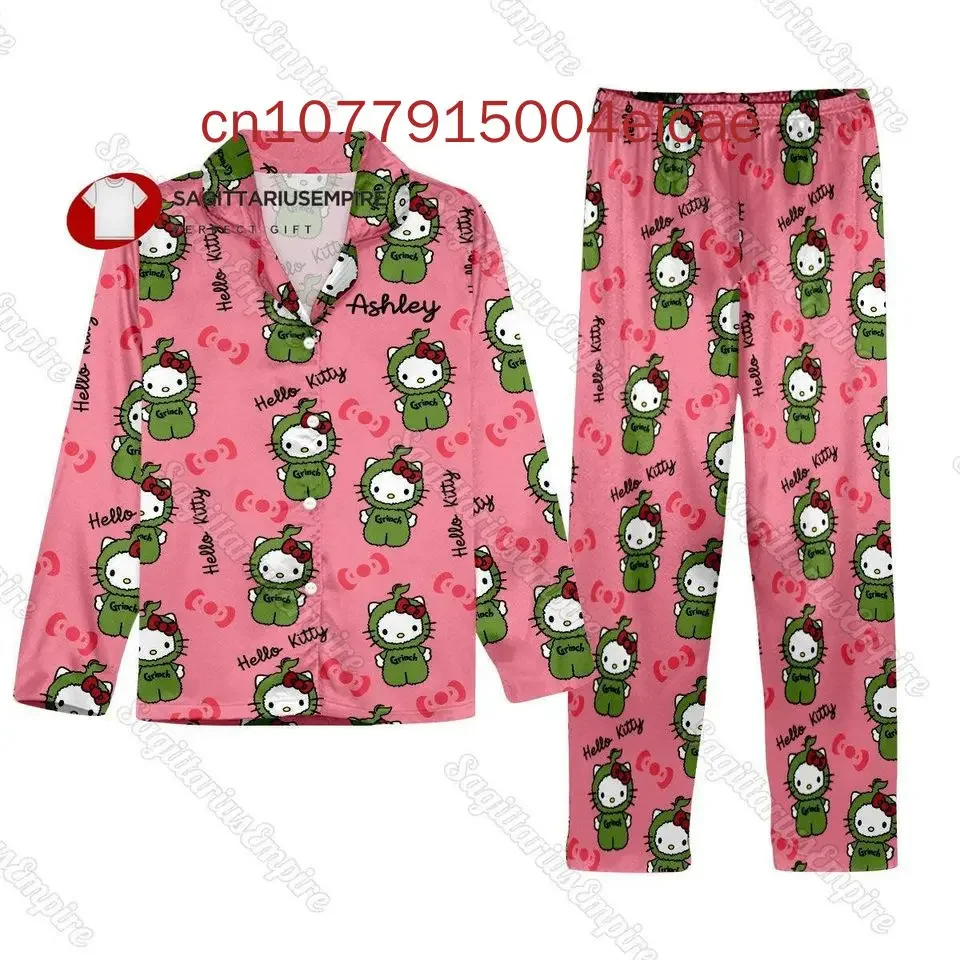 

Christmas Hello Kitty Pajamas Set 3D Printed Casual Men's and Women's Long Sleeve Shirt Pajama Set