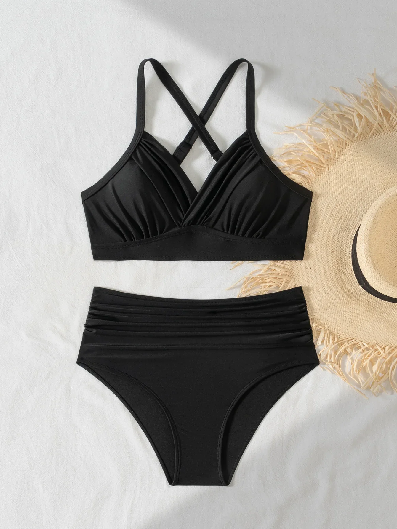 Sexy Black High Waist Swimsuit 2025 Women Back Cross Push Up Crop Top Two Piece Swimsuit Beach Bathing Suit Holiday Swimwear