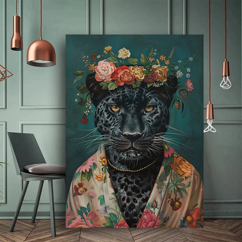 Colourful Flower Animal Portrait Poster Cheetah Panther Moon Canvas Printing Prints Wall Art for Living Room Bathroom Home Decor