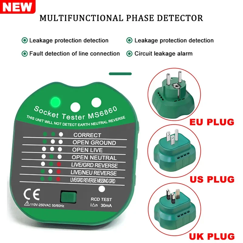 Socket Tester Outlet Tester 30mA RCD Test EU US UK Plug Polarity Phase Check Circuit Checker Smart Socket wiring status Detector