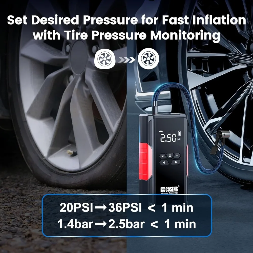 J26 مشغل قفز السيارة المحمول مع ضاغط الهواء، معزز بطارية السيارة 3500 أمبير 12 فولت (جميع محركات الديزل التي تصل إلى 6.0 لتر)، 150 رطل لكل بوصة مربعة T