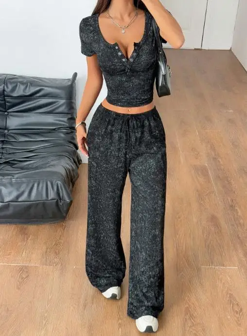 

Sports Yoga Button Short Sleeve Wide Leg Pants Set for Women's Spring/summer 2025