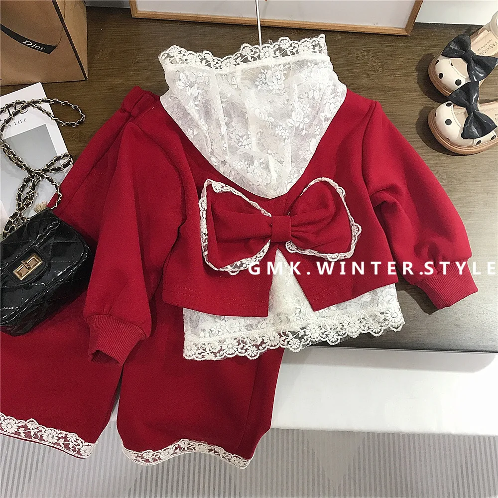 Girls Patchwork Set Autumn New Fashionable Children Spring Autumn Clothes Baby Lace Patchwork Hoodies Pant Two Piece Set