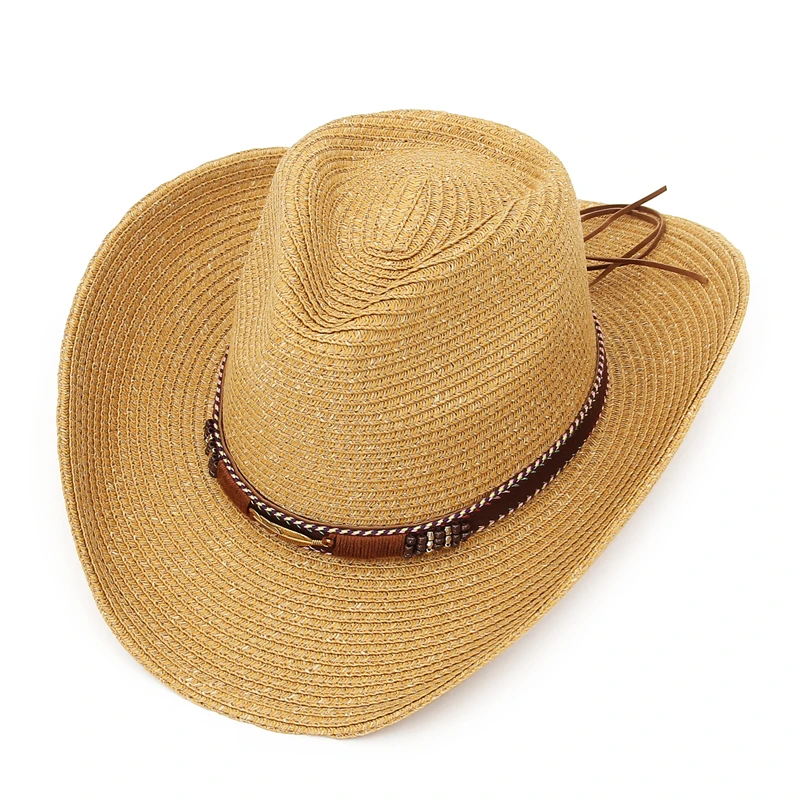 Vintage Western Wide Brim Cowboy Straw Hat for Women Men Summer Beach Sun Cowgirl Hats