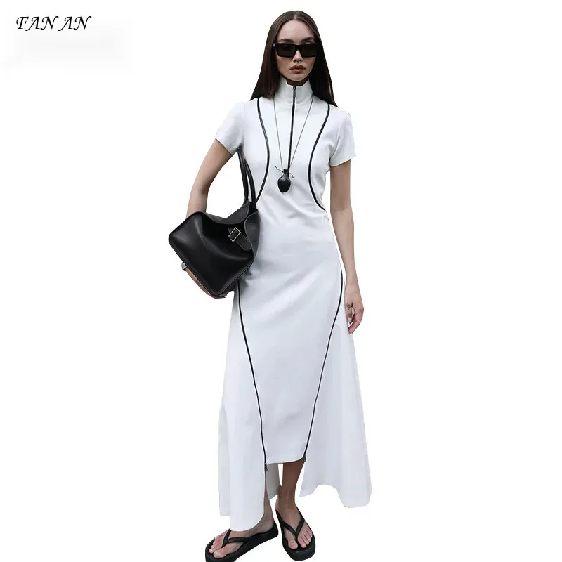 

2024 Women's Autumn New Collar Short Sleeve Line Printed High Waist Long Dress Fashionable, Casual And Versatile