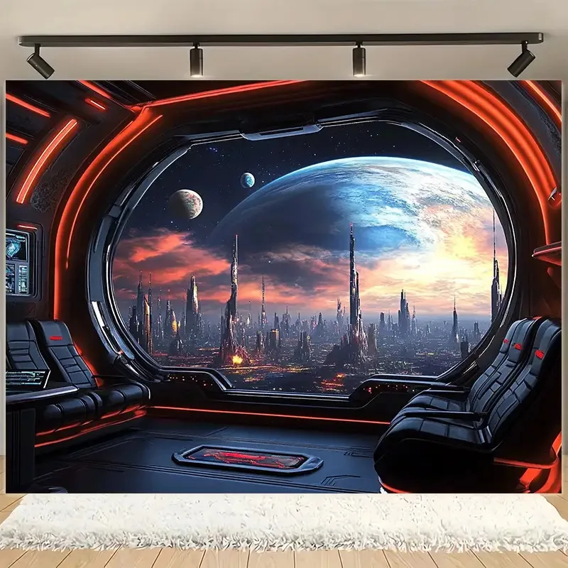 Futuristisches Raumschiff-Cockpit mit Planetenansicht, Sci-Fi-Stadtlandschaft Wandteppich für Schlafzimmer und Gamer-Zimmer, Weltraum-Kunstdruck für Zuhause