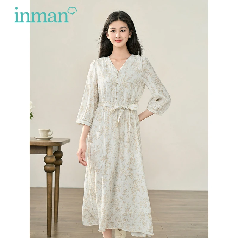 INMAN Women Dress 2023 Autumn Three Quarter Sleeve V Neck A-shaped Loose Vintage Printed Elegant Artistic Apricot Long Skirt