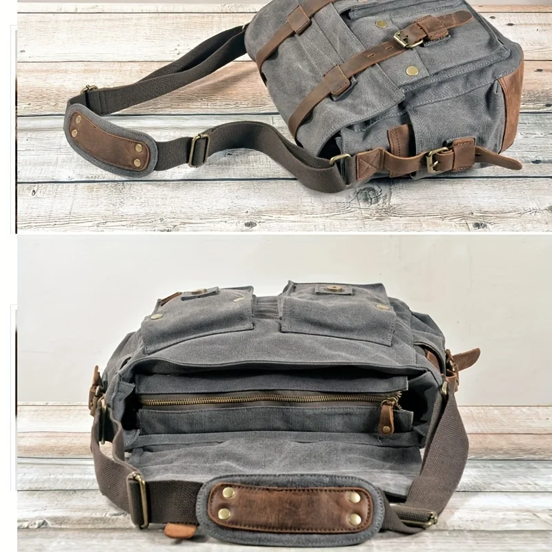 Vintage canvas and Crazy horse leather waterproof messenger bag for men and women single shoulder outdoor casual crossbody bag