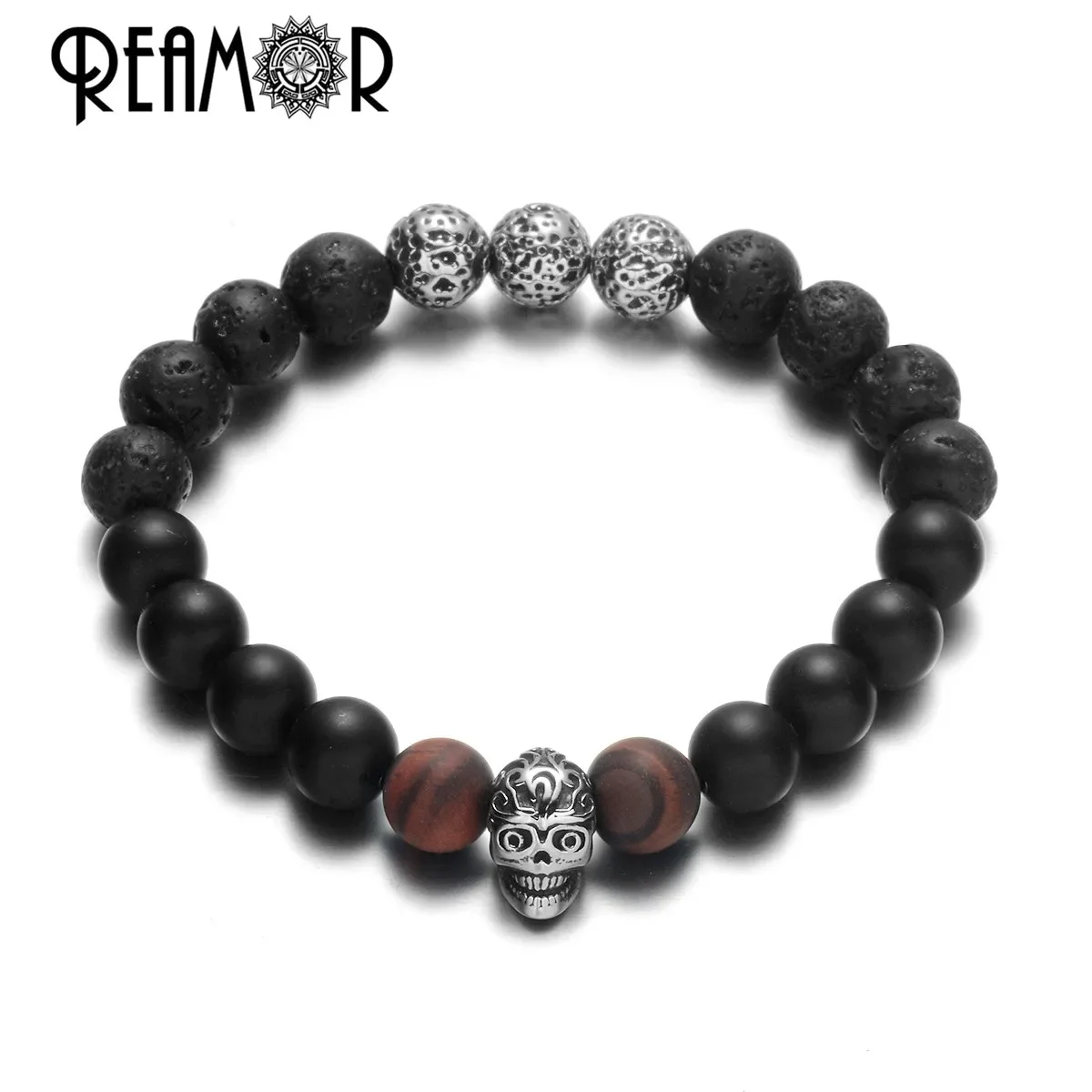 REAMOR Natural Stone Lava Stone Stretch Bracelets 316l Stainless Steel Skull Black Onyx Beaded Mens Bracelet Punk Jewelry