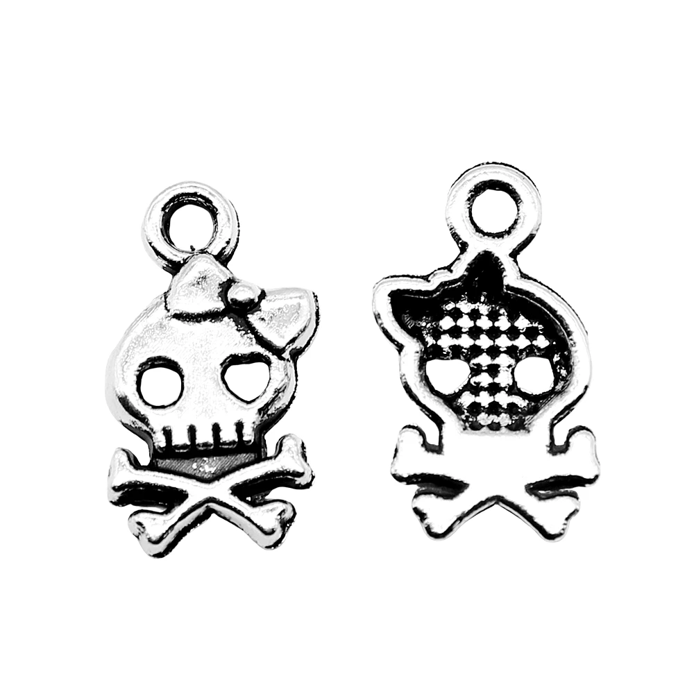 WYSIWYG 40pcs 16x9mm Antique Silver Color Skull Bow Charms Cute Skull Head Charms For Jewelry Making DIY For Bracelet Necklace