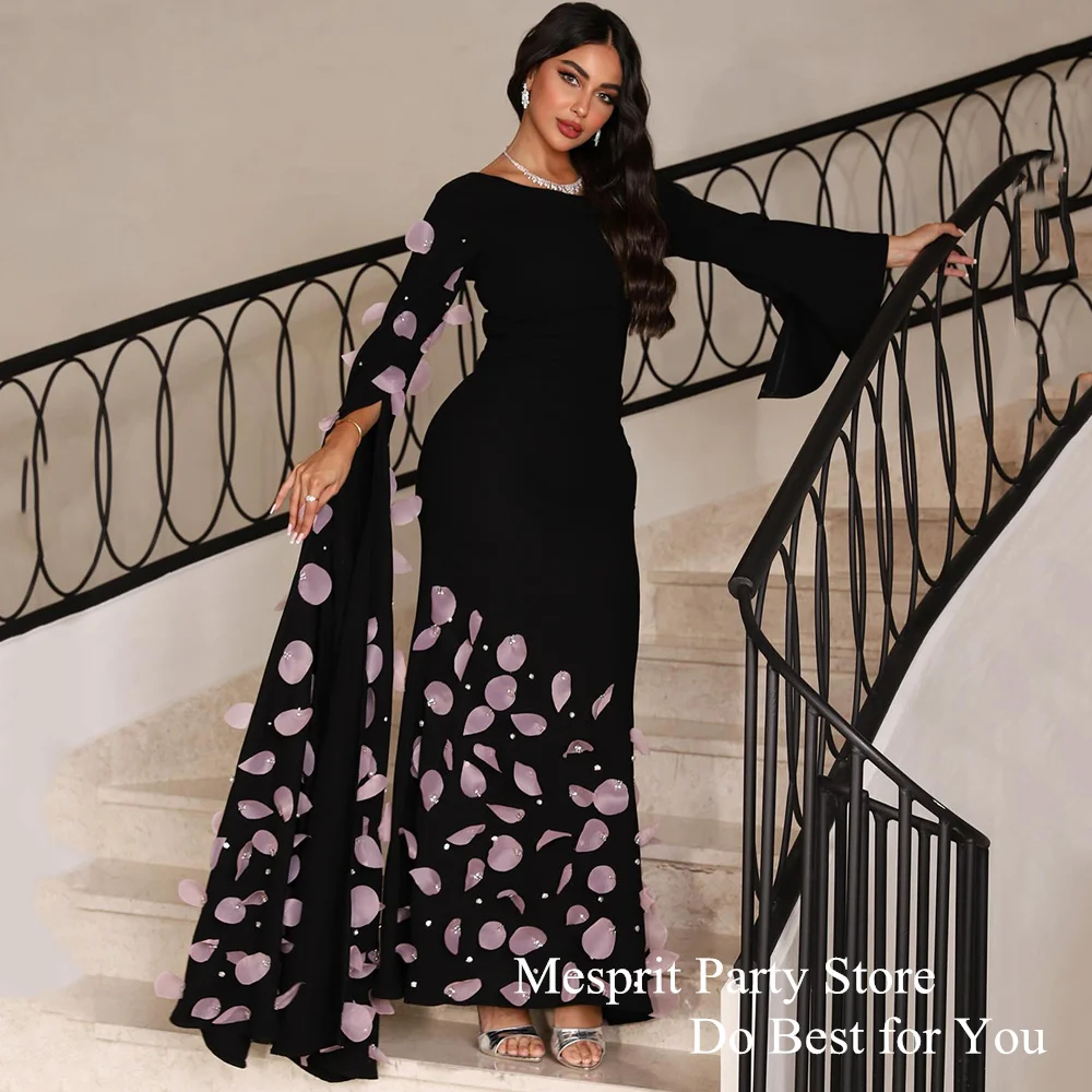 Elegant Black Evening Dress with Pink Floral Petals Beading Mermaid Party Dresses Ankle Length Long Sleeves Saud Prom Gown