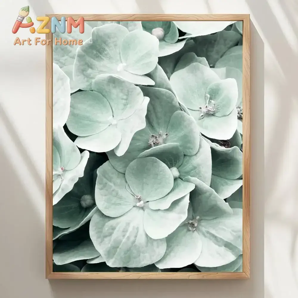 AZNM Mint Green Hydrangea Canvas Painting Frameless Wall Art Soft Floral Photography Poster Minimalist Home Decor Print
