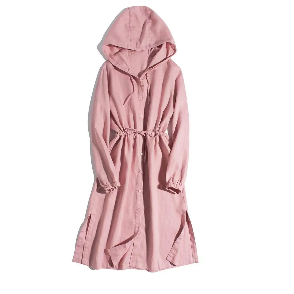 Cotton And Hemp Loose Long-sleeved Medium And Long Hooded Trench Coat Thin Coat Women Spring And Summer