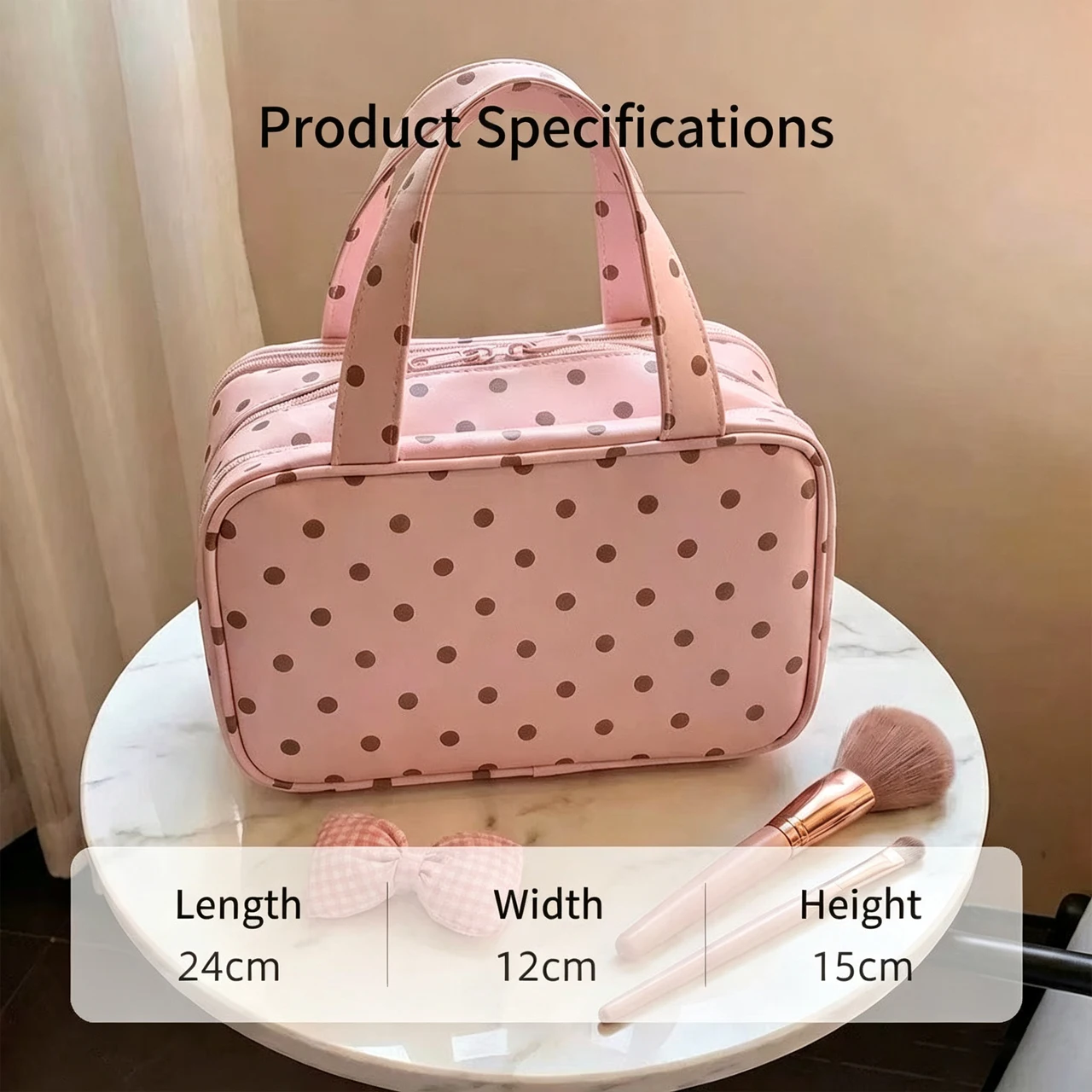 Koreanischer Stil, Minzfarbene Kaffeetasse mit Punkten, Kosmetiktasche, dreilagiger Organizer mit großem Fassungsvermögen, Reise-Toilettentasche, kann am Gepäck befestigt werden, Geschenk. – Detail 7