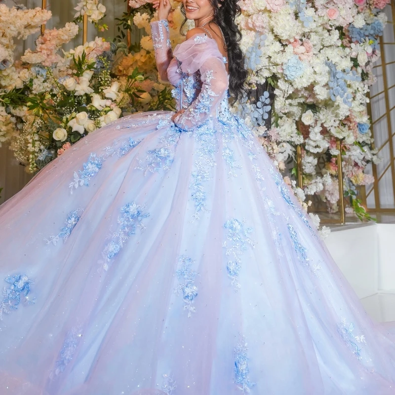 

Lorencia Blue Princess Quinceanera Dress Applique Lace Beads Long Sleeve Straps Corset Sweet 16 Vestidos De 15 Años YQD581