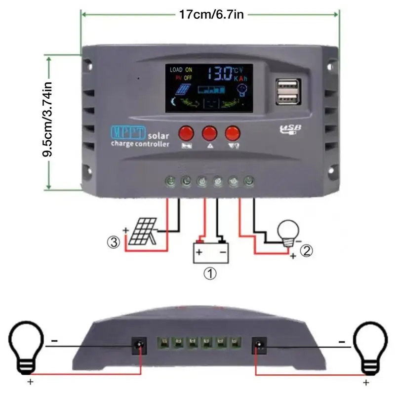 Mppt Solar Charge Controller Solar Panels Battery Intelligent Regulator With Dual USB Port Auto Paremeter Adjustable LCD Display