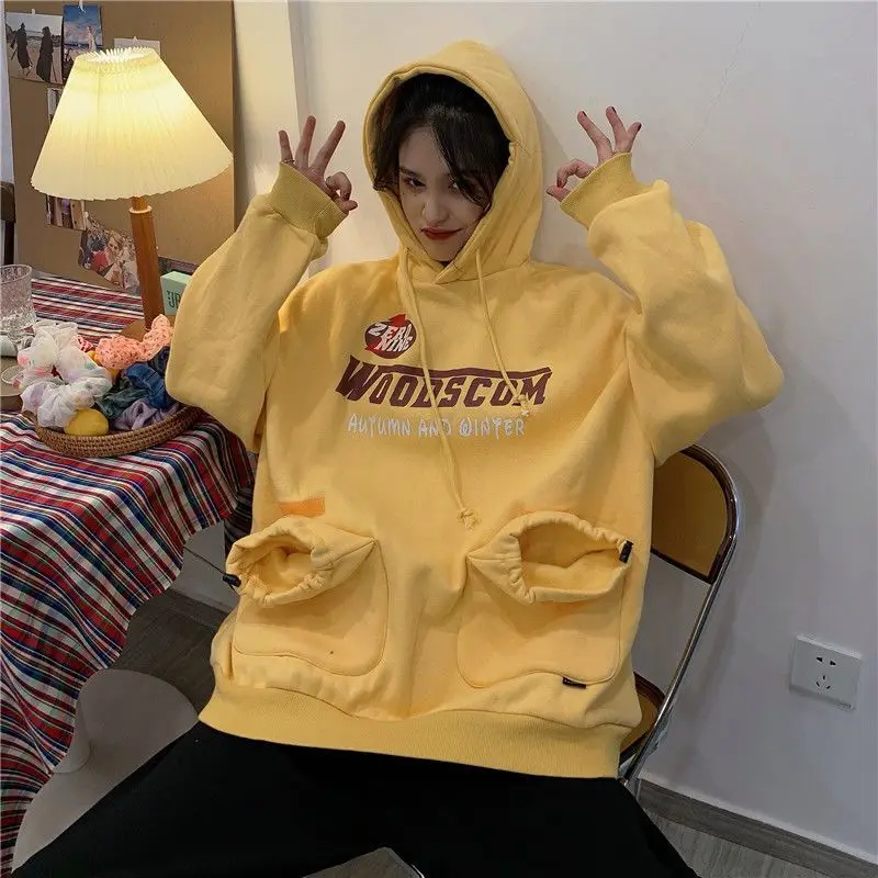 Yellow Loose Women's Sweatshirt Cute Text Woman Clothing Baggy Top Grey Letter Printing Kawaii Basic Y 2k Vintage M Long Sleeve