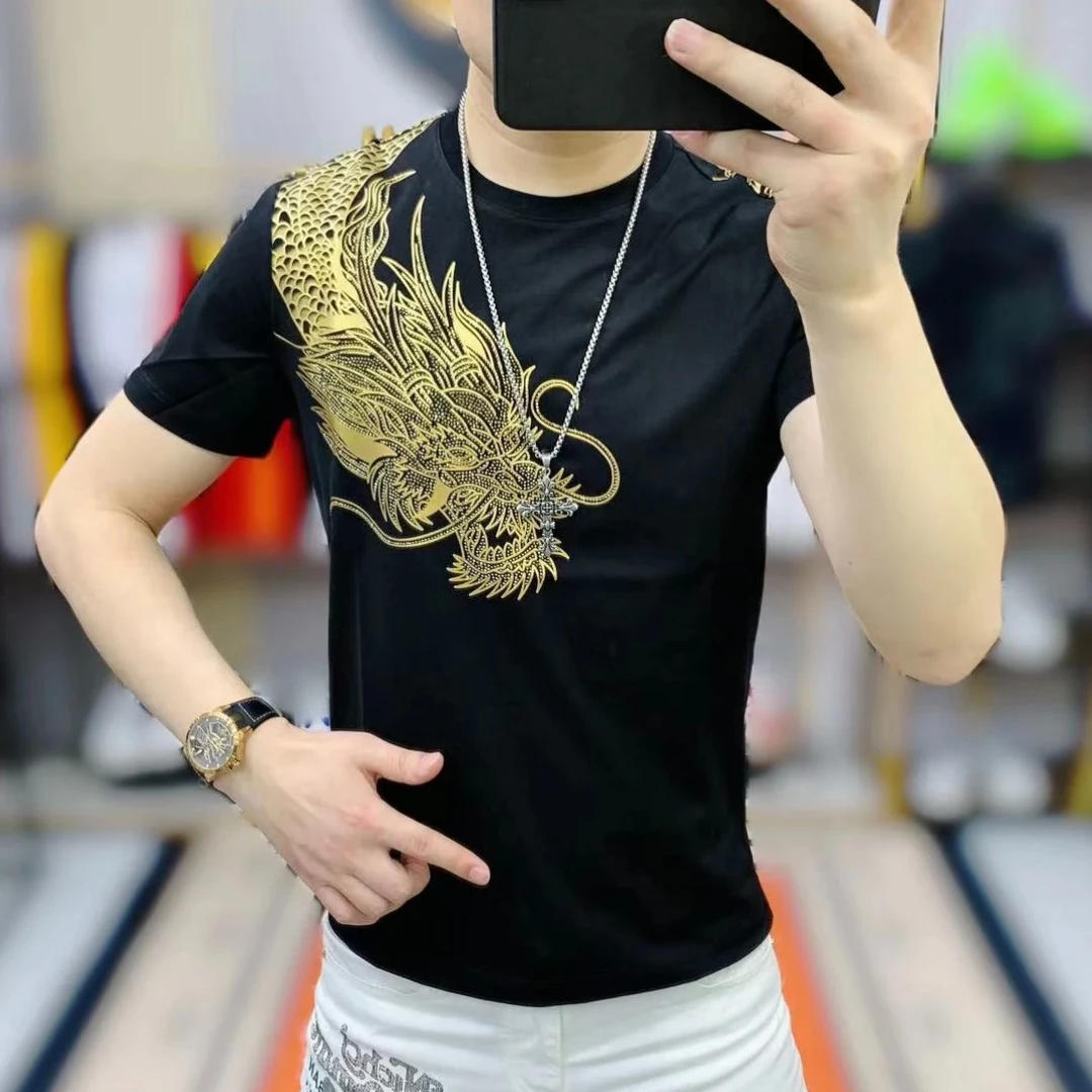 Chinese Style Dragon Printed Rhinestones T-shirts Men Short Sleeve Slim Fit T-shirts Round Neck Social Streetwear Tee Tops M-4XL