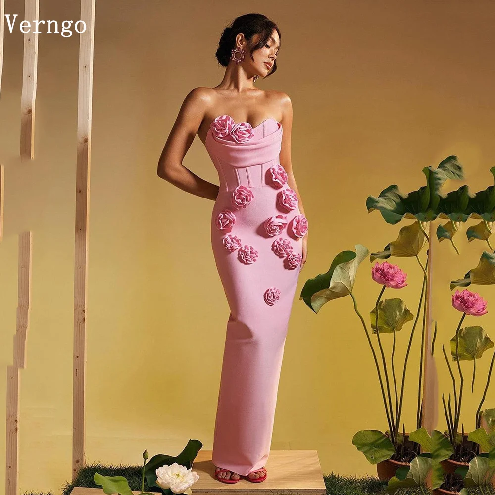 Verngo Pink Crepe Mermaid Prom Gown 3D Flowers Slim Evening Party Dress Sexy Zipper Back Long Prom Dresses Customized