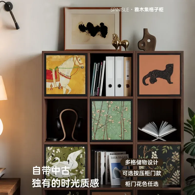 Modern Bookcase Living Room Storage Cabinet Dopamine Style Chessboard Design Color Matching Door Panel Side Cabinet Low Shelf