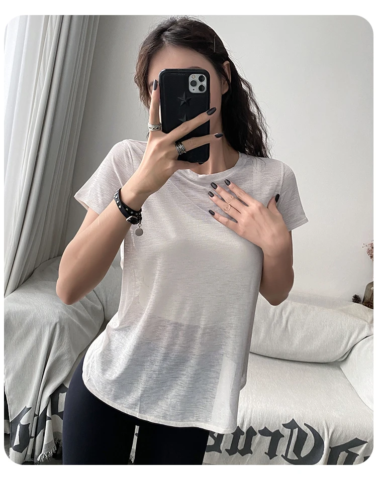 Atmungsaktives Kurzarm-Sporttop aus Bambusgarn mit Hohlmuster und schönem Rücken, Yoga-Bluse, locker geschnittene Fitnesskleidung mit Rundhalsausschnitt – Detail 11