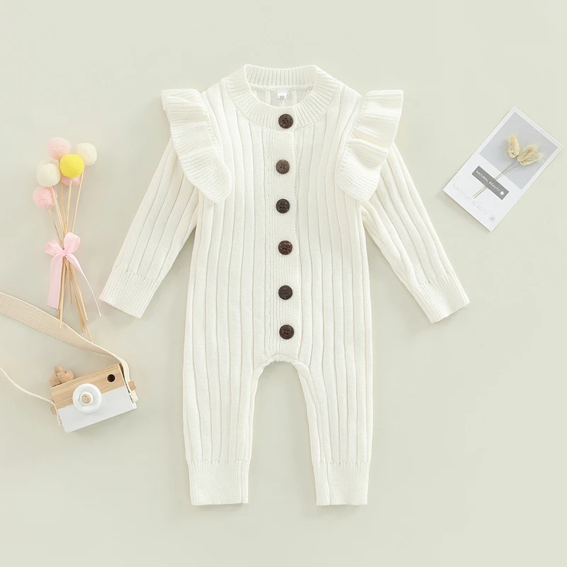 2022-07-08 Lioraitiin 0-18M Baby Girl’s Knitted Long Sleeve Jumpsuit Fashion Solid Round Neck Button Casual Long Romper