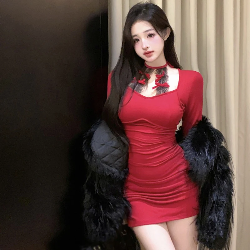 שמלה נשים להתלבש האביב סתיו תחרה חתוכי רזה סקסי חג המולד האביב פסטיבל האביב טהור רצון טהור שמלה ארוכה