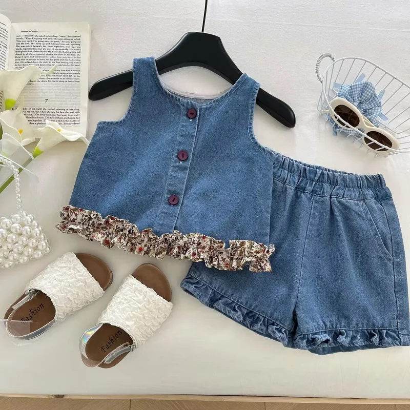 

2025Summer New Girls' Denim Set with Lace Vest and Shorts Children's Casual Two-Piece Set
