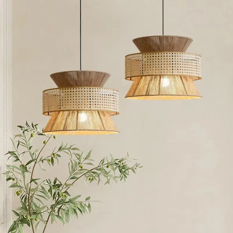 Hemp Rope and Rattan Made Multiple Layers Designed Decorative Handing Pendant Chandelier Lamp Apply for Home Decorative Lighting