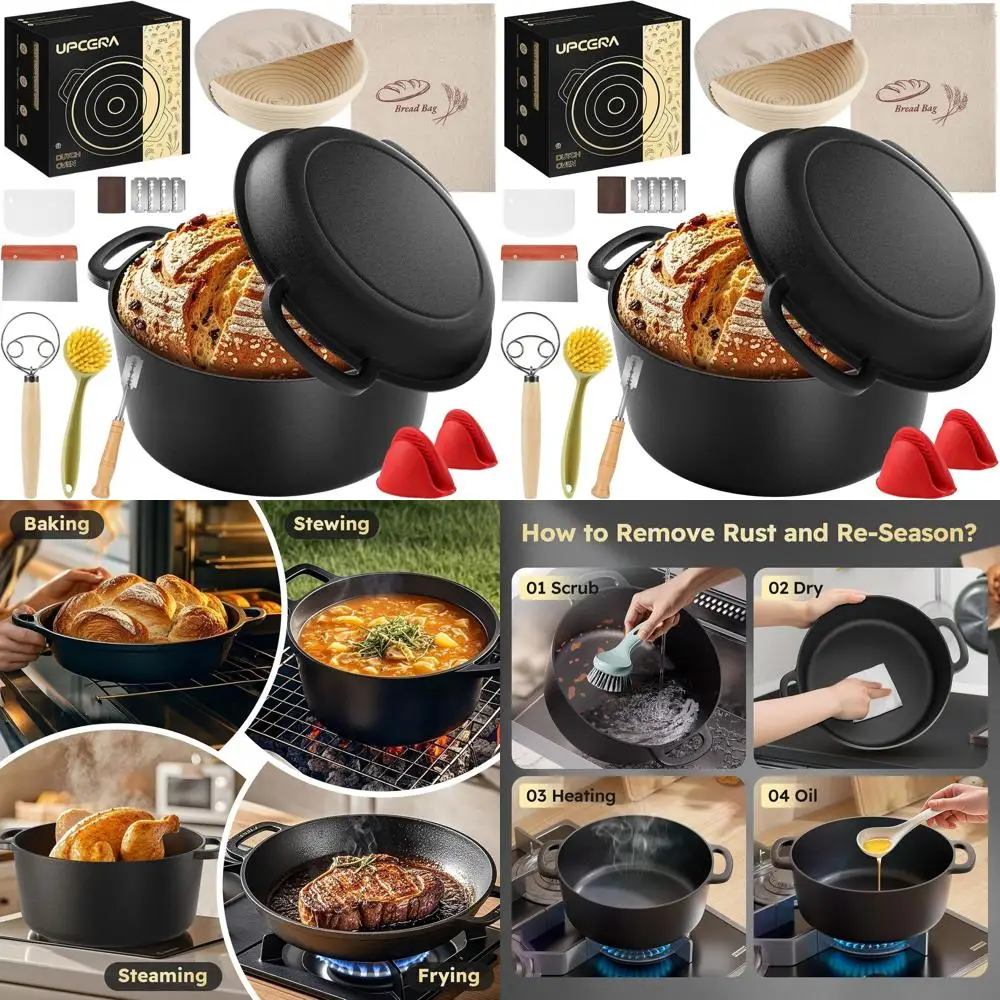 

5-Quart Cast Iron Dutch Oven for Bread Baking and Proofing, 2-in-1 Pan with Lame, Perfect for Sourdough Starter Kit and Baker's