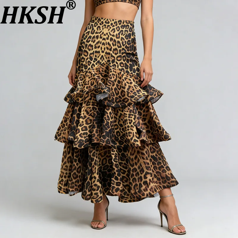 HKSH 2026 Spring Autumn New Women Skirt Leopard Printed Multi-layered Pleated A-line High Street Elegant Chic Ins Skirts HK18497