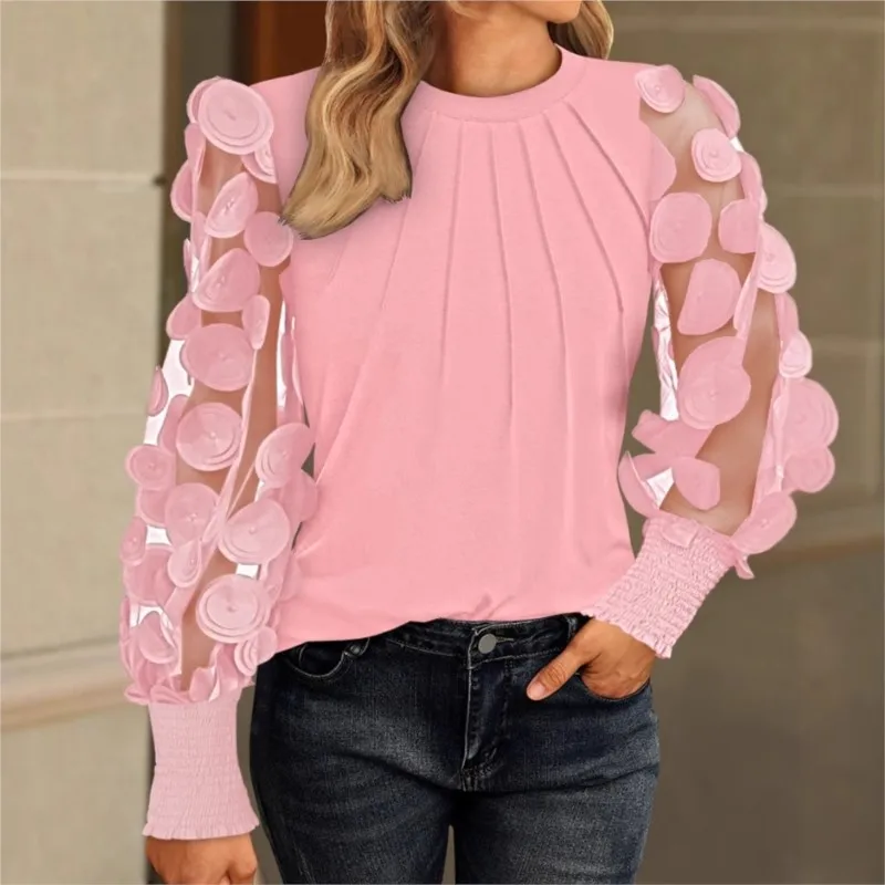 Women's Elegance Blouse Top Petal Sleeves Solid Color Top T-shirt Pullover Fold Tops 2025 Spring Autumn New Fashion Casual Shirt