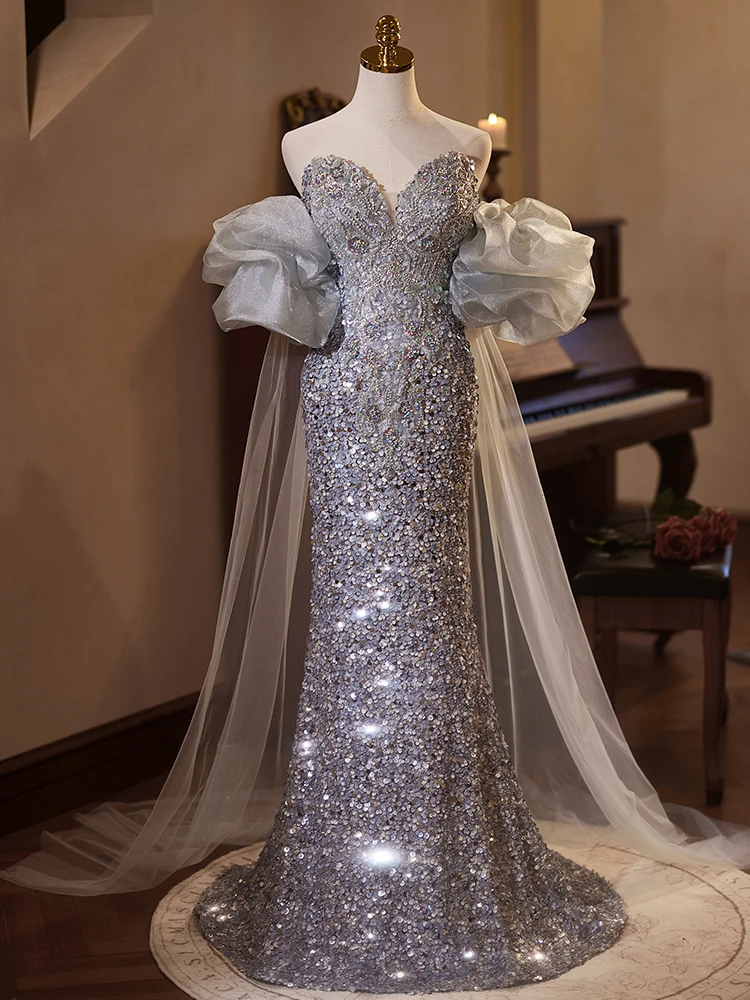 Robe de soirée sirène scintillante personnalisée, paillettes sans bretelles, perles scintillantes, sexy, luxe, fête de Rh, tout ce qui est éducatif, Fi.C.