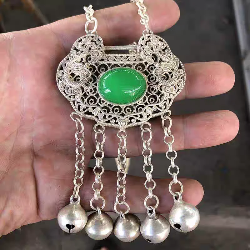 

Vintage Hangings Home Ornament Tibetan Silver Bell Long Life Lock Mascot Pendant Dragon Phoenix Totem