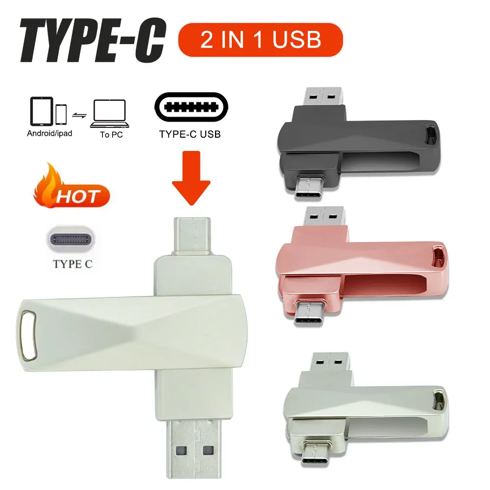 

2 in 1 Type-C Flash Pen Drive Metal Memory Stick Usb 2.0 flash Disk 16GB 32GB 64GB 128GB USB2.0 Dual C Pendrive with Key Chain