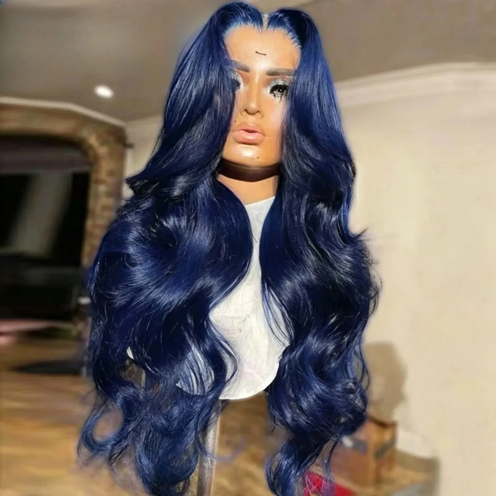 Midnight Blue Wig for Women Long Wavy Hair 32inch Curly Wig 13x4 HD Cosplay Headband Wigs Heat Resistant Synthetic for Daily Use