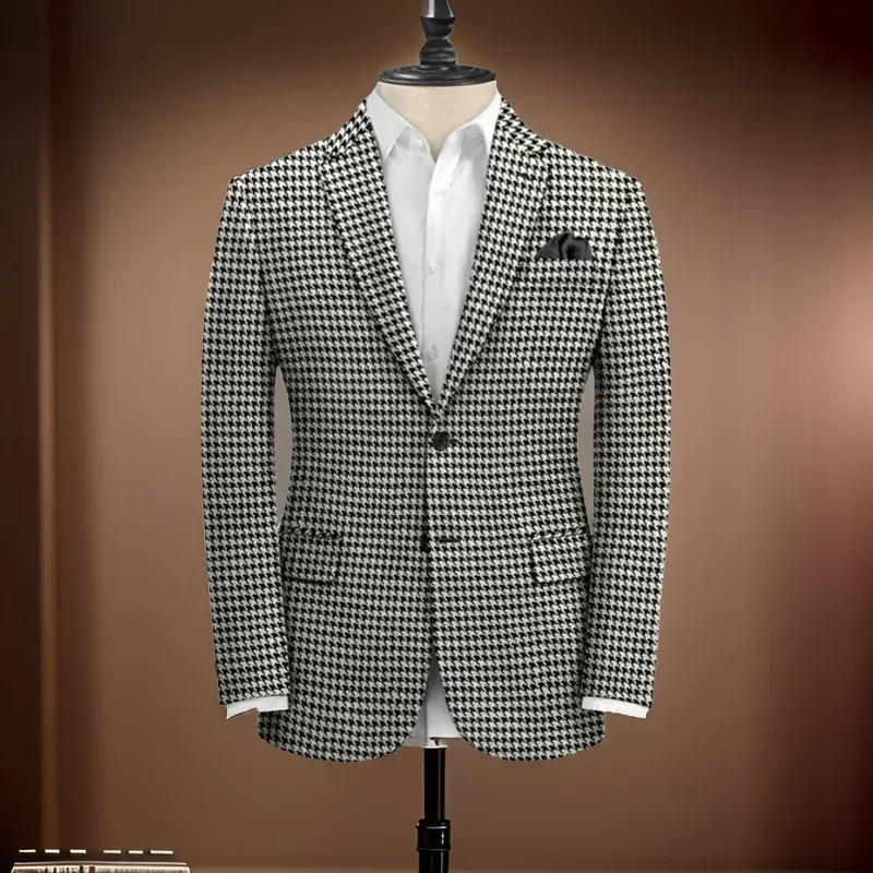 1 Piece Plaid Business Suit Jacket for Men Notch Lapel Houndstooth Male Blazer Slim Fit American Style Wedding Suit