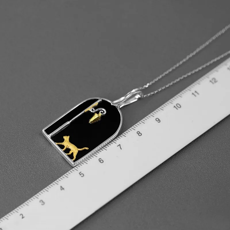 BOCAI NEW S925 Sterling Silver Cute And Lovely Inlaid With Black Agate Stray Cat Pendant Female Gift
