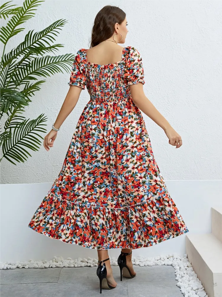 Plus Size Summer Boho Floral Beach Dress Women Elegant Slim Laides Dresses 3xl 4xl Fashion Long Woman Dress 2023 Vestido Mjuer