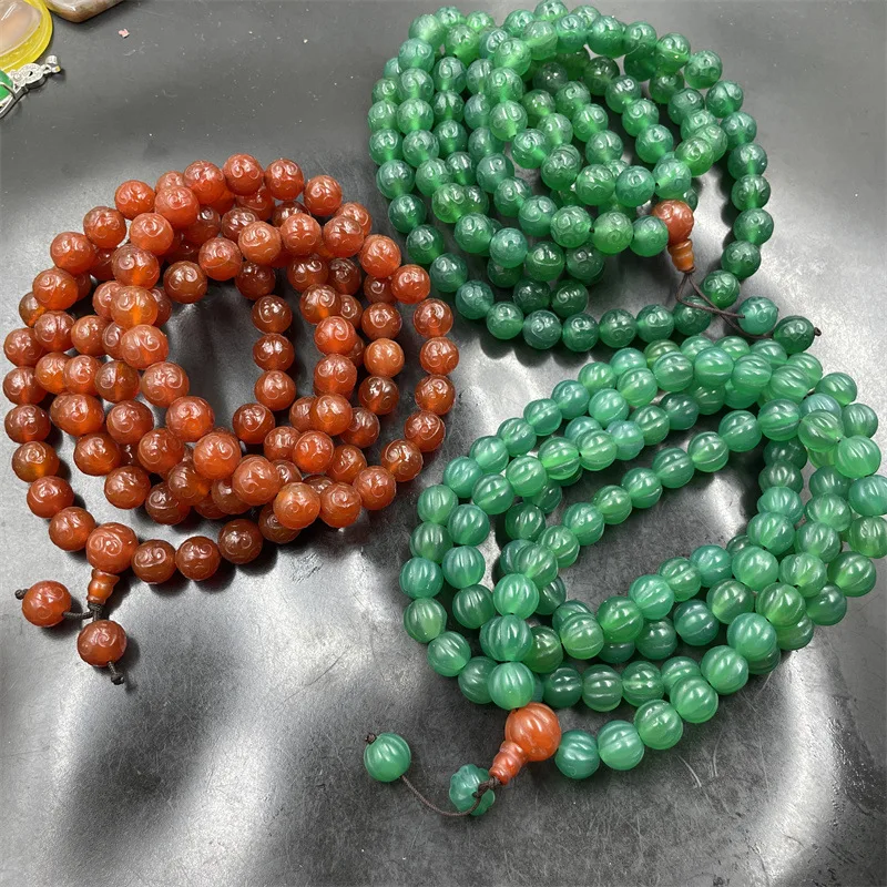 10mm108-Piece Carved Red Buddha Beads Rosary Sweater Chain Green Agate Pumpkin Necklace