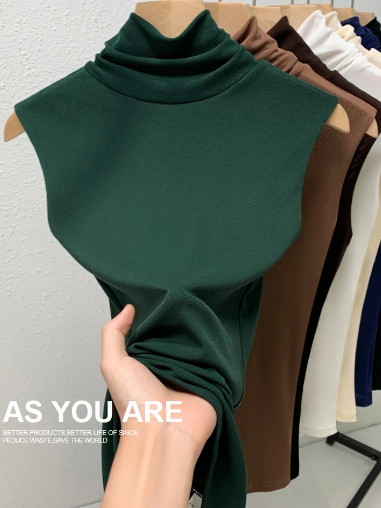 Elastic Mesh High Neck T-shirt New Women's Solid Color Plus Size Sleeveless Basic Top